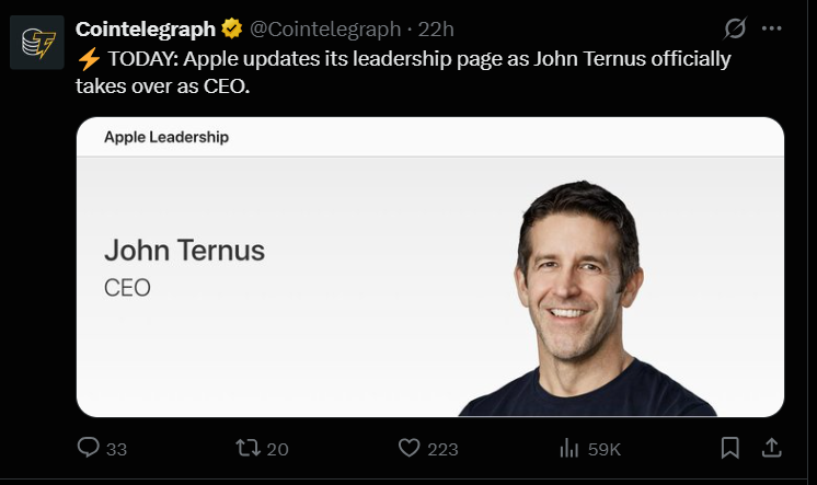 Cointelegraph X post about new CEO of Apple